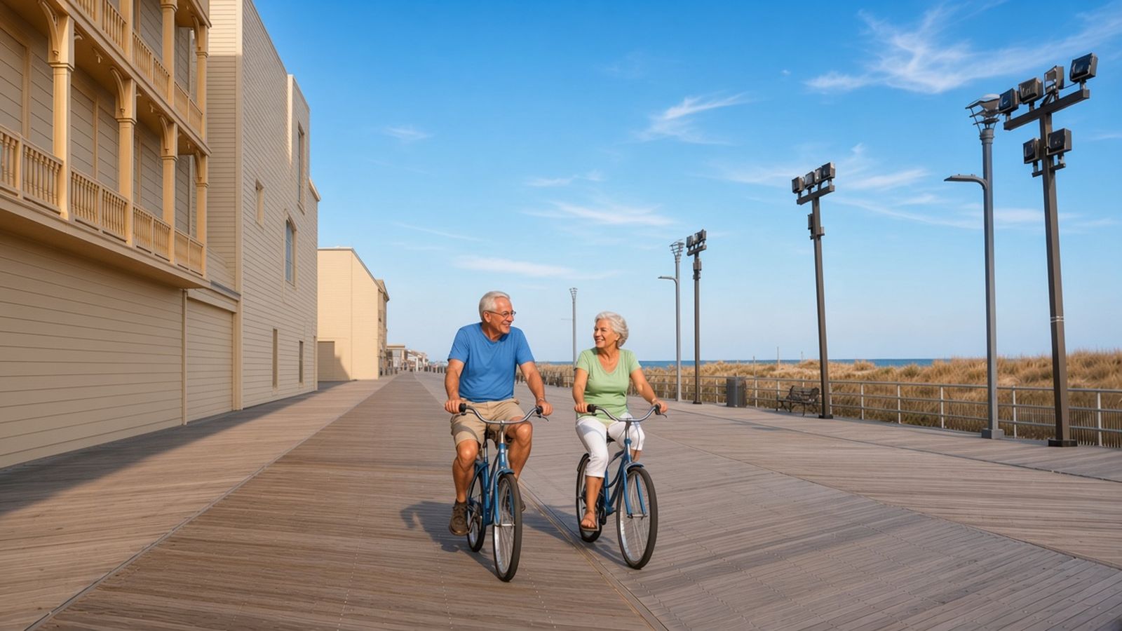 A smiling older couple in a blue t-shirt and a light green top ride bicycles side by side down the Atlantic City Boardwalk, with dunes and the ocean on their right
