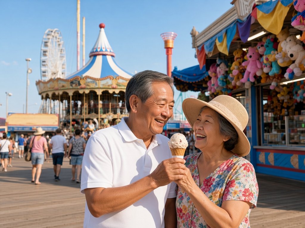 A laughing older couple in a white polo and a floral top share an ice cream cone on the Boardwalk at Steel Pier, with the carousel and observation wheel behind them