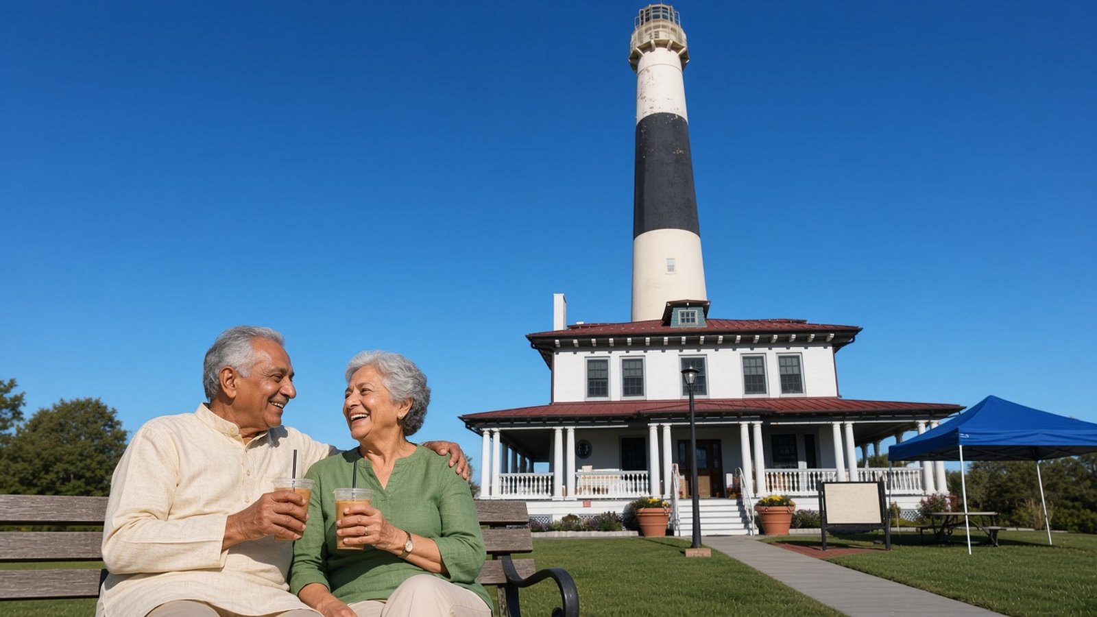A laughing older couple in a cream shirt and a green blouse sip iced coffee on a bench on the Absecon Lighthouse grounds, the black-banded white tower rising behind them