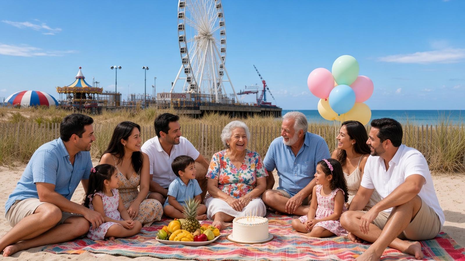 A grandmother in a floral blouse laughs with her extended family around a birthday cake and fruit on a picnic blanket on the Atlantic City beach, with Steel Pier's wheel behind them