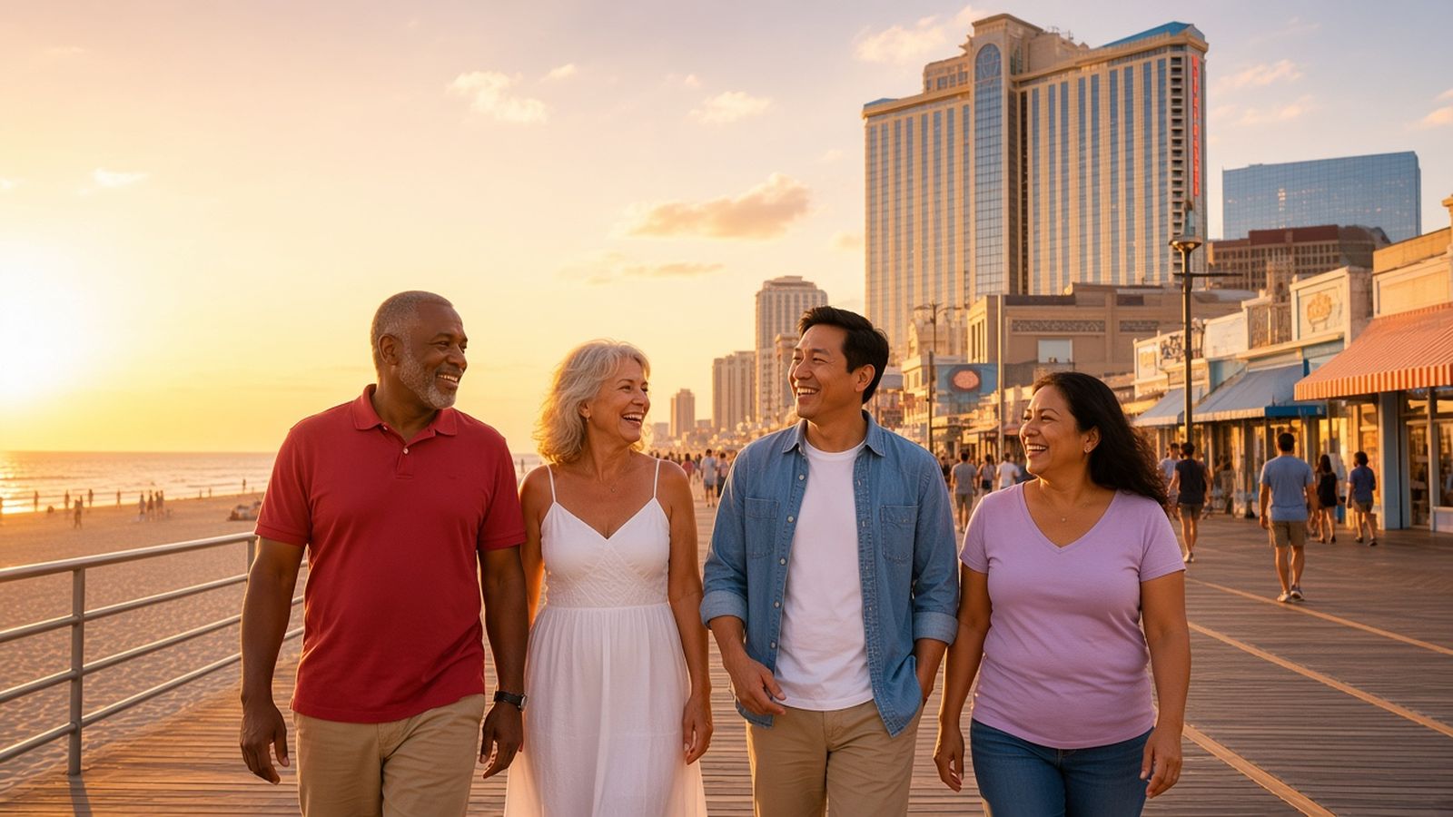 Three older friends in a coral top, a white shirt and a blue blouse laugh as they stroll the Atlantic City Boardwalk at golden hour, with hotel towers behind them