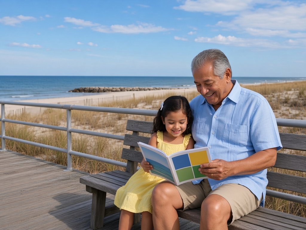 A smiling grandfather in a light blue guayabera reads a picture booklet with his granddaughter in a yellow sundress on a Boardwalk bench above the dunes and the Atlantic Ocean