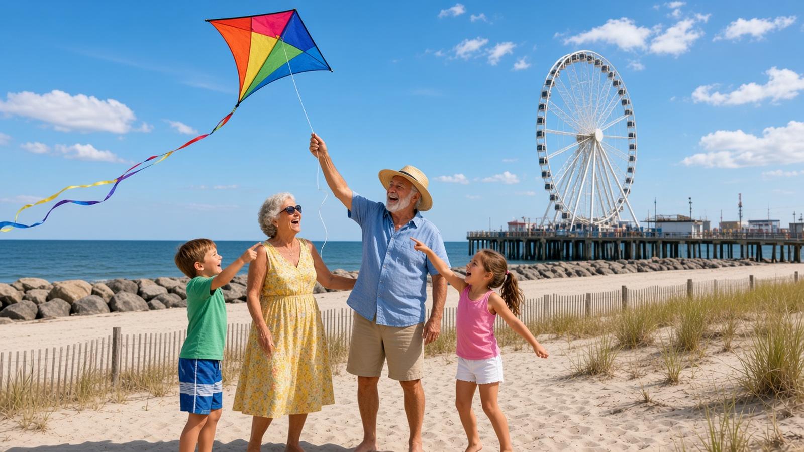 Smiling grandparents fly a bright kite with two grandchildren on the sunny Atlantic City beach, with the Steel Pier Ferris wheel in the distance