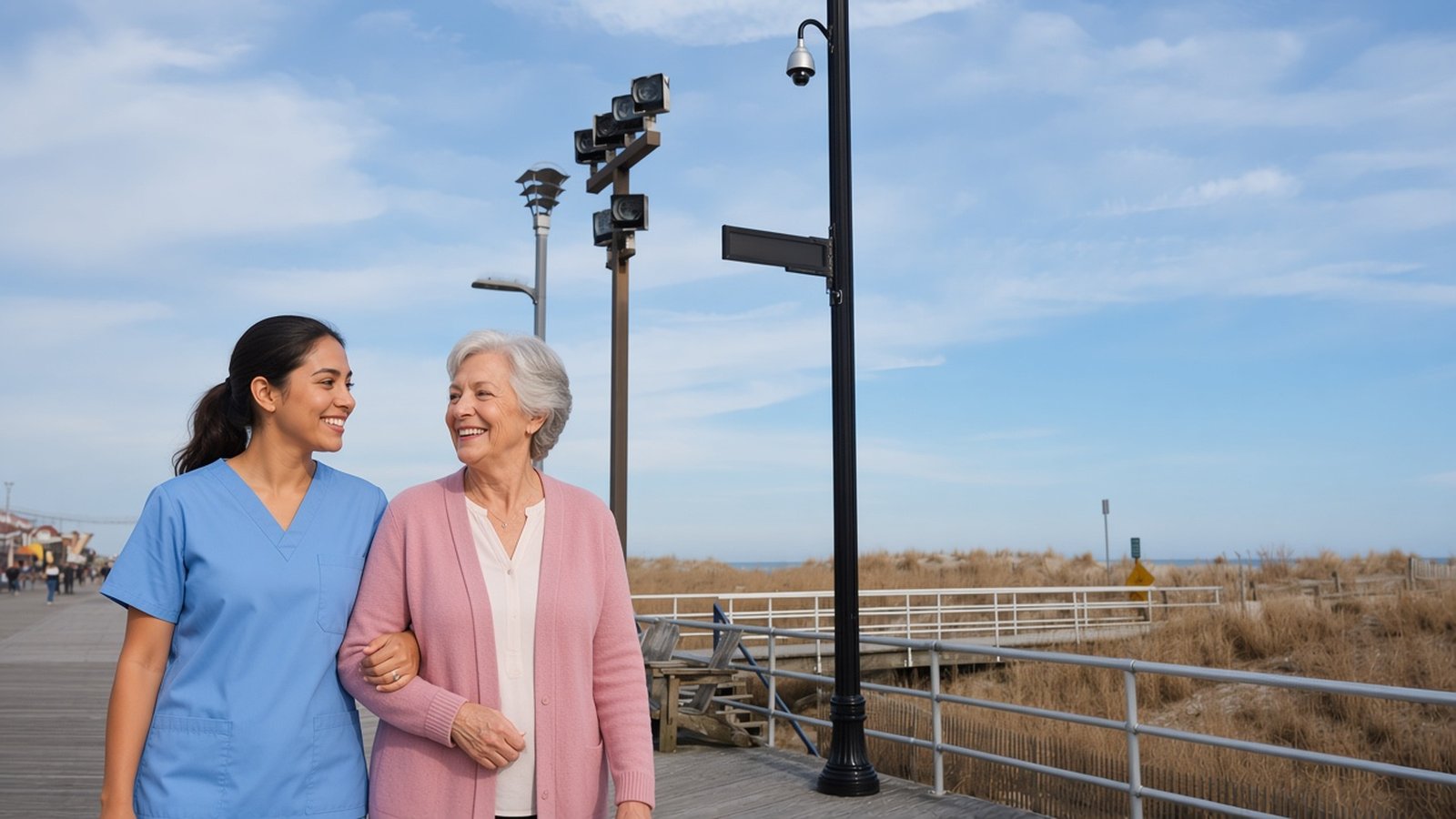 A smiling home health aide in light blue scrubs walks arm in arm with an older woman in a pink cardigan along the Atlantic City Boardwalk, with dunes behind the railing