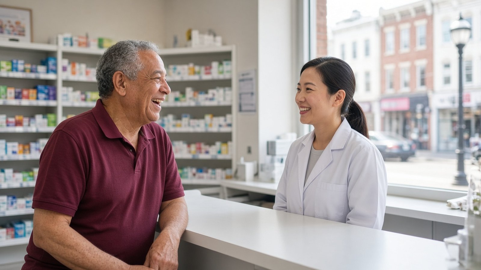 A laughing older man in a maroon polo chats with a smiling pharmacist in a white coat across the counter of a bright neighborhood pharmacy in Atlantic City