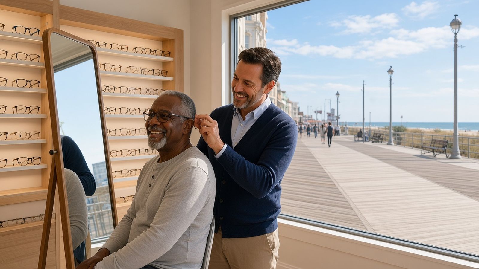 A smiling older man in a gray henley tries on new glasses as an optician in a navy cardigan adjusts them, in a sunny optical shop whose window faces the Atlantic City Boardwalk
