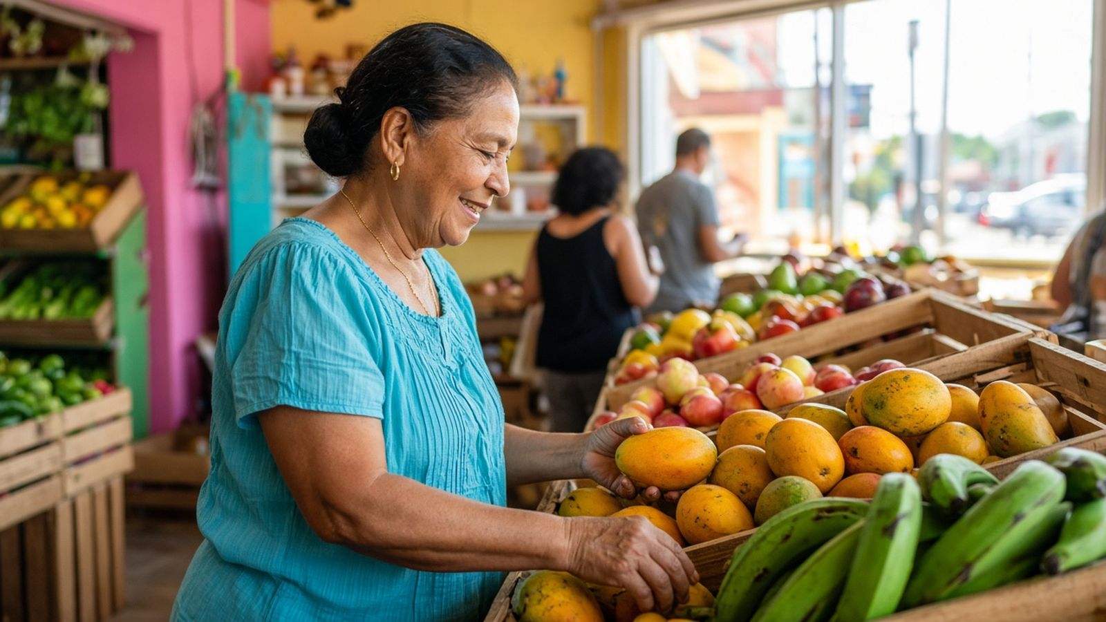 A smiling older woman in a turquoise blouse picks ripe mangoes from wooden crates in a colorful neighborhood produce market in Atlantic City