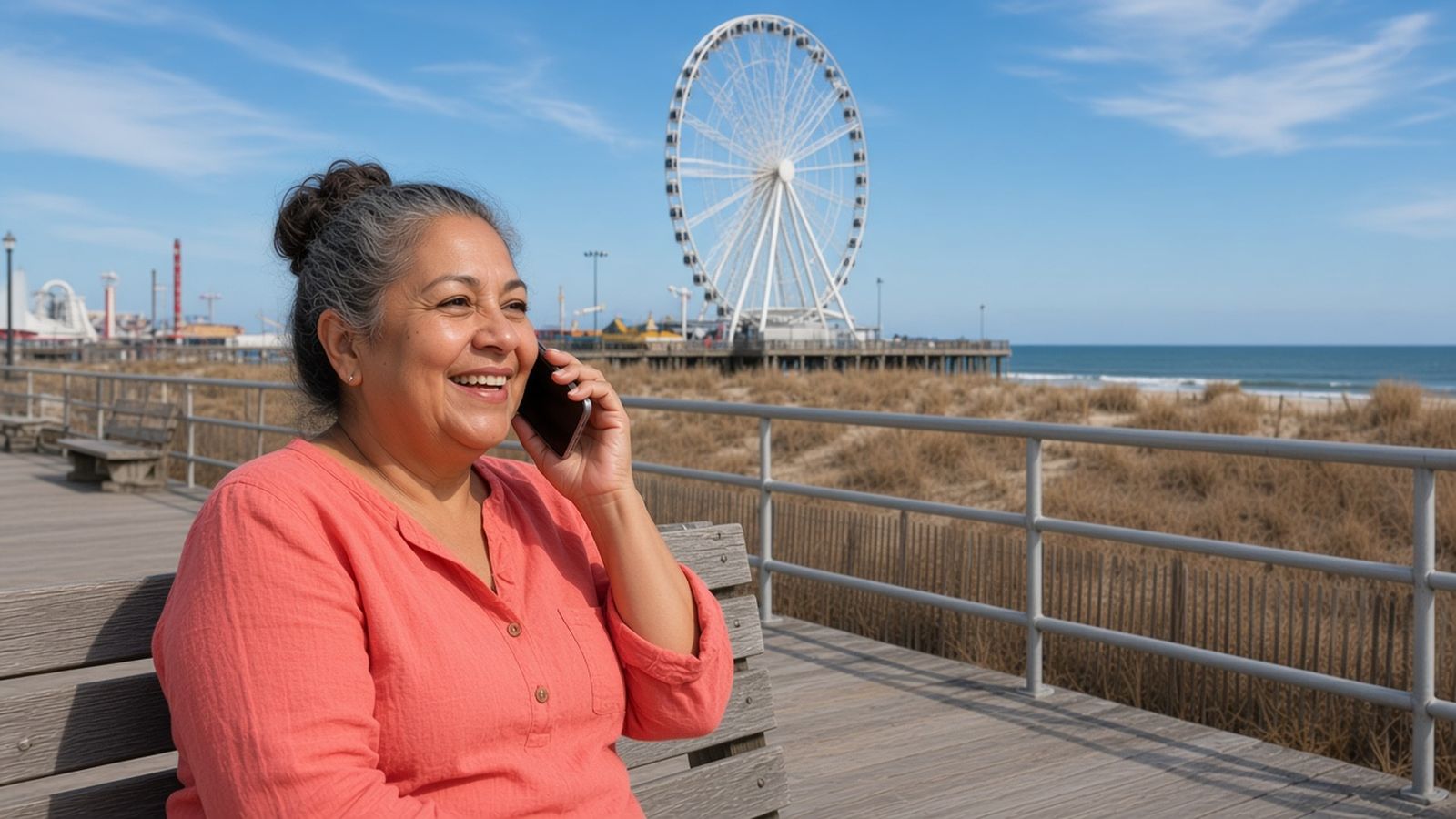 A cheerful older woman in a yellow blouse chats on her phone from a Boardwalk bench in Atlantic City, the Steel Pier wheel turning behind her